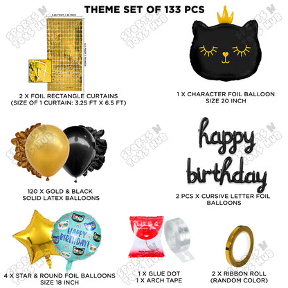 Cartoon Crown Black Kitten Cat Foil Balloon Set With Happy Birthday Cursive Foil Letter Arch Theme