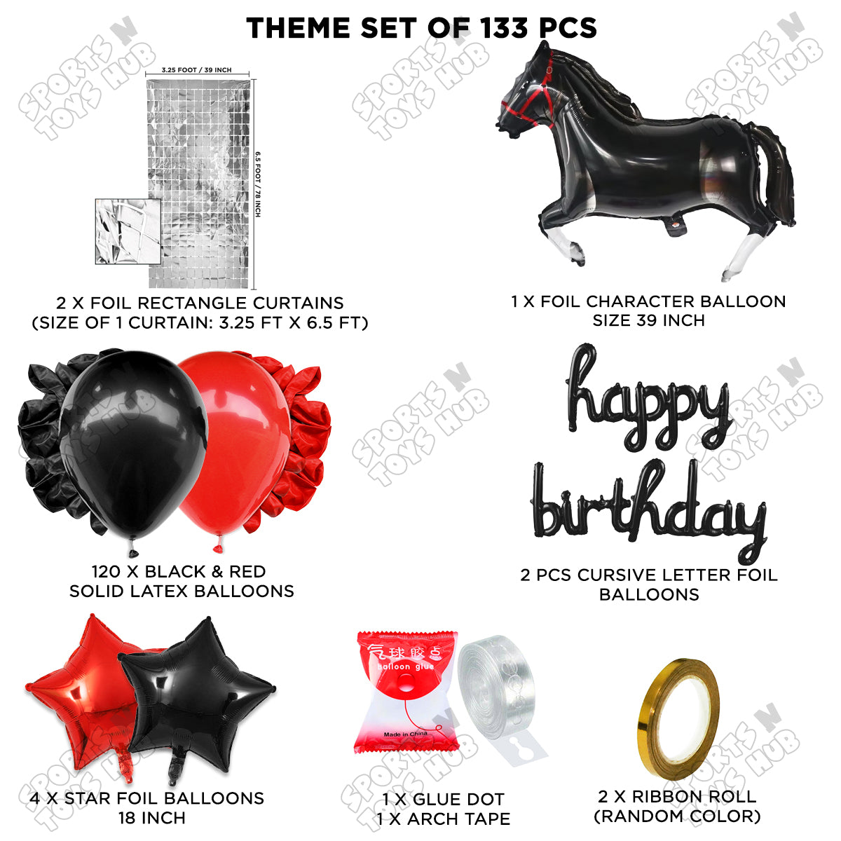 Cartoon Black Horse Theme Foil Balloon Set with Happy Birthday Cursive Foil Letter Arch Theme