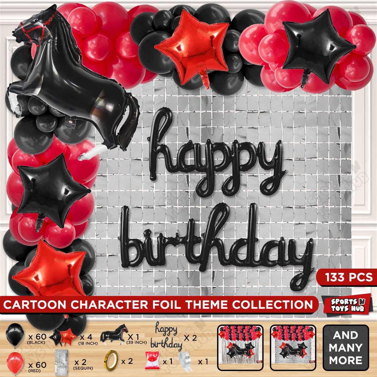 Cartoon Black Horse Theme Foil Balloon Set with Happy Birthday Cursive Foil Letter Arch Theme