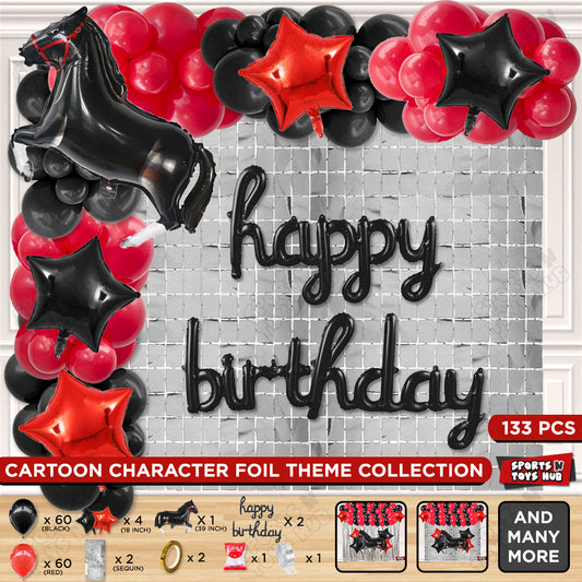 Cartoon Black Horse Theme Foil Balloon Set with Happy Birthday Cursive Foil Letter Arch Theme