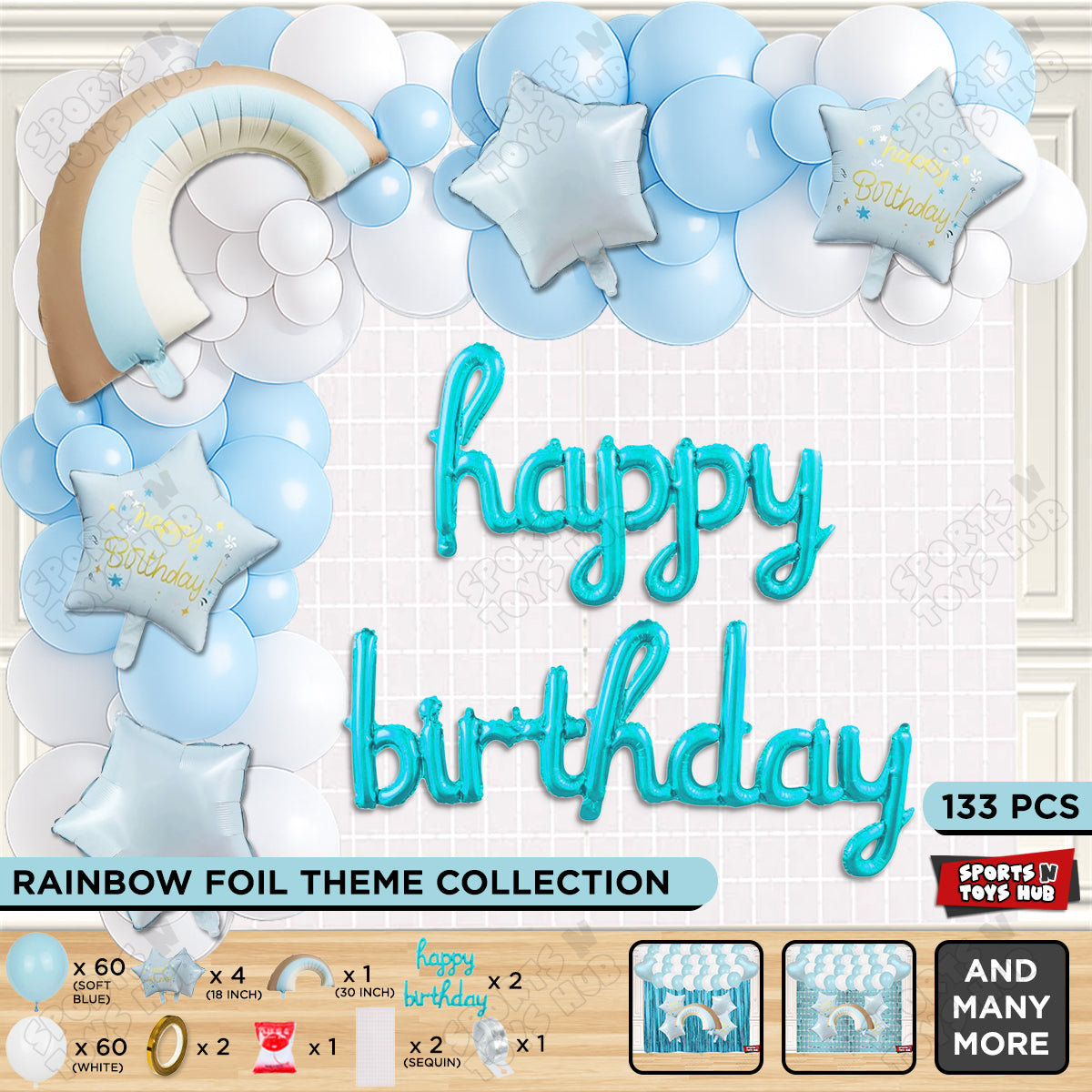 Pastel Blue Matte Color Rainbow Set With Happy Birthday Cursive Foil Letter Balloon Arch Theme