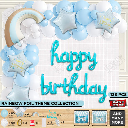 Pastel Blue Matte Color Rainbow Set With Happy Birthday Cursive Foil Letter Balloon Arch Theme