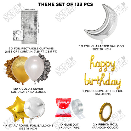 Crescent Moon Silver Color Foil Balloon Set With Happy Birthday Cursive Foil Letter Balloon Arch Theme