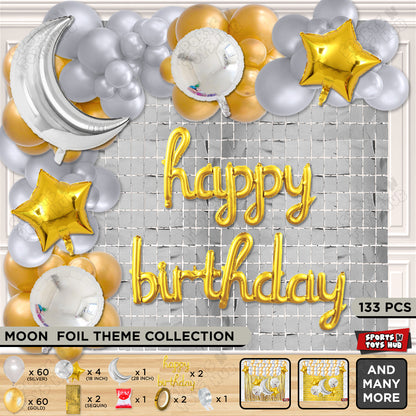 Crescent Moon Silver Color Foil Balloon Set With Happy Birthday Cursive Foil Letter Balloon Arch Theme