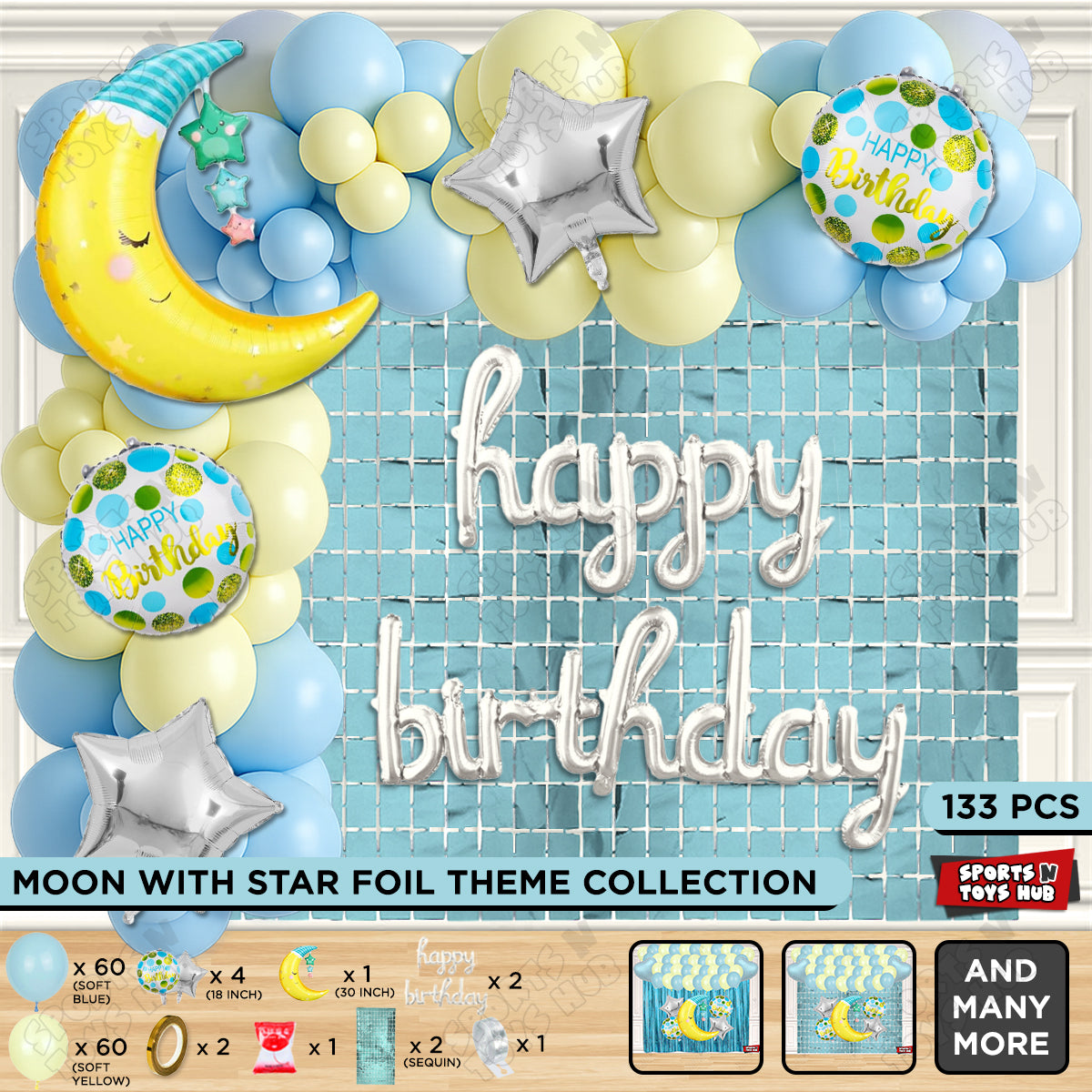 Crescent Moon with Star Foil Balloon Set With Happy Birthday Cursive Foil Letter Balloon Arch Theme