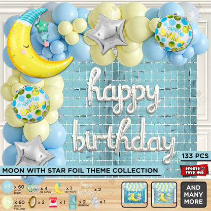 Crescent Moon with Star Foil Balloon Set With Happy Birthday Cursive Foil Letter Balloon Arch Theme