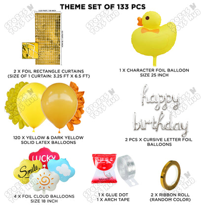 Cartoon Duck Character Theme Foil Balloon Set With Happy Birthday Cursive Foil Letter Arch Theme