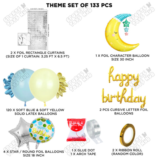 Crescent Moon with Star Foil Balloon Set With Happy Birthday Cursive Foil Letter Balloon Arch Theme