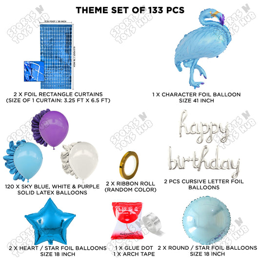 Flamingo Cartoon Character Bird Blue Color Foil Balloon Set With Happy Birthday Cursive Foil Letters Arch Theme