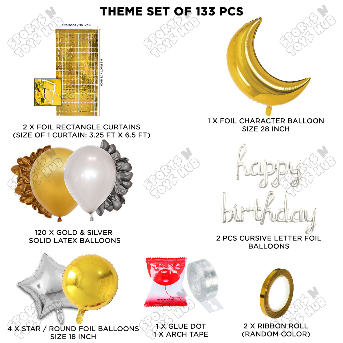 Crescent Moon Gold Color Foil Balloon Set With Happy Birthday Cursive Foil Letter Balloon Arch Theme