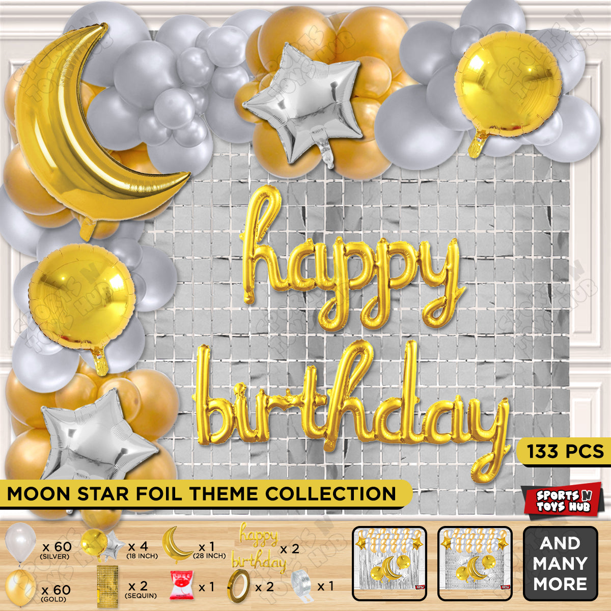 Crescent Moon Gold Color Foil Balloon Set With Happy Birthday Cursive Foil Letter Balloon Arch Theme