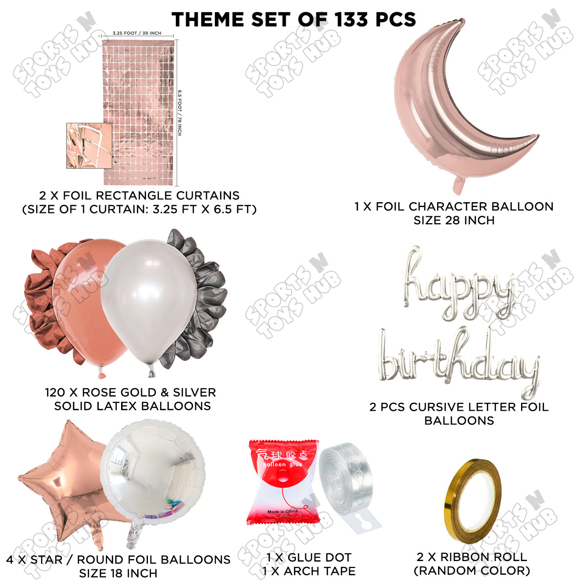 Crescent Moon Rosegold Color Foil Balloon Set With Happy Birthday Cursive Foil Letter Balloon Arch Theme