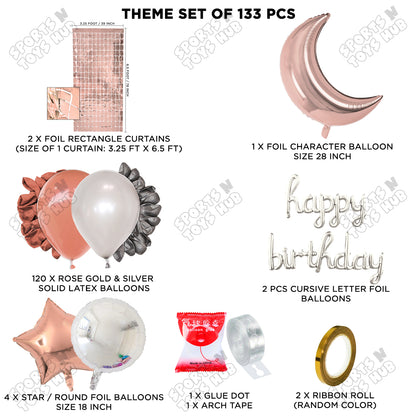 Crescent Moon Rosegold Color Foil Balloon Set With Happy Birthday Cursive Foil Letter Balloon Arch Theme