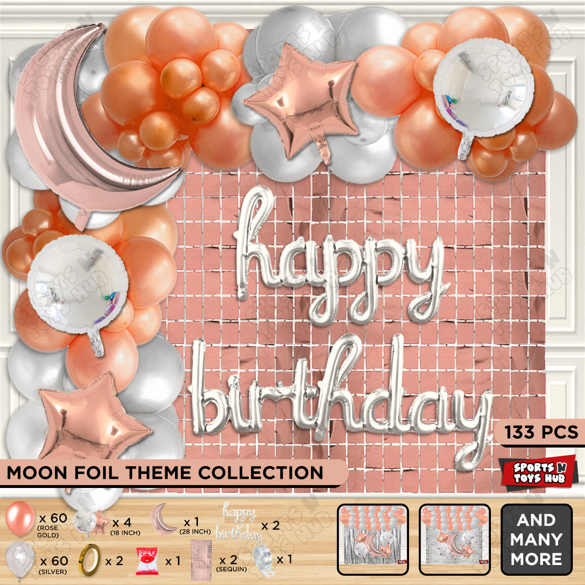 Crescent Moon Rosegold Color Foil Balloon Set With Happy Birthday Cursive Foil Letter Balloon Arch Theme