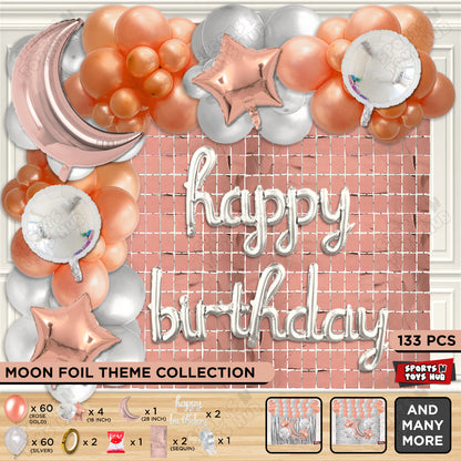 Crescent Moon Rosegold Color Foil Balloon Set With Happy Birthday Cursive Foil Letter Balloon Arch Theme