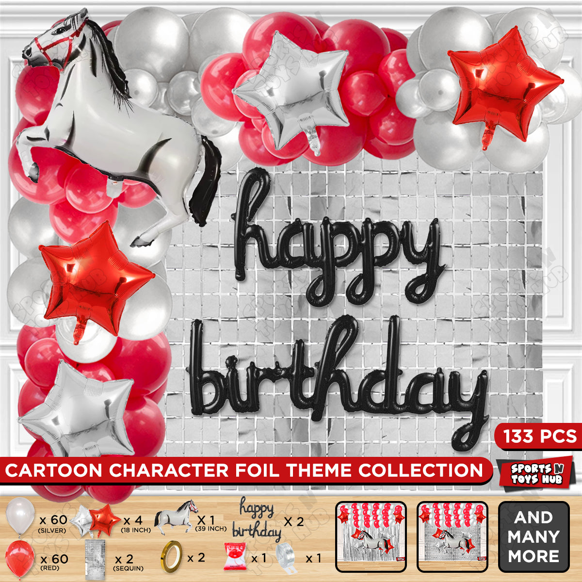 Cartoon White Horse Theme Foil Balloon Set with Happy Birthday Cursive Foil Letter Arch Theme