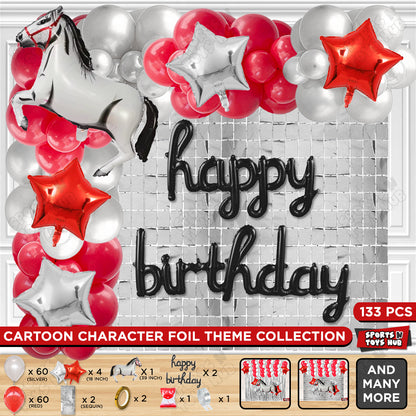 Cartoon White Horse Theme Foil Balloon Set with Happy Birthday Cursive Foil Letter Arch Theme