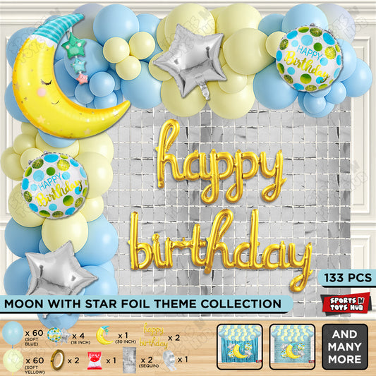 Crescent Moon with Star Foil Balloon Set With Happy Birthday Cursive Foil Letter Balloon Arch Theme