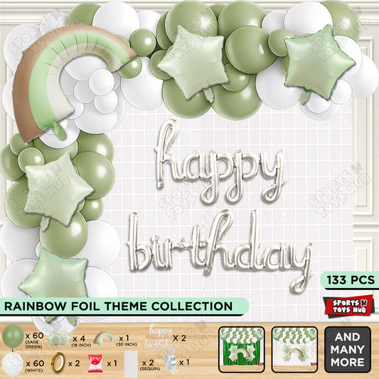 Pastel Green Matte Color Rainbow Set With Happy Birthday Cursive Foil Letter Balloon Arch Theme