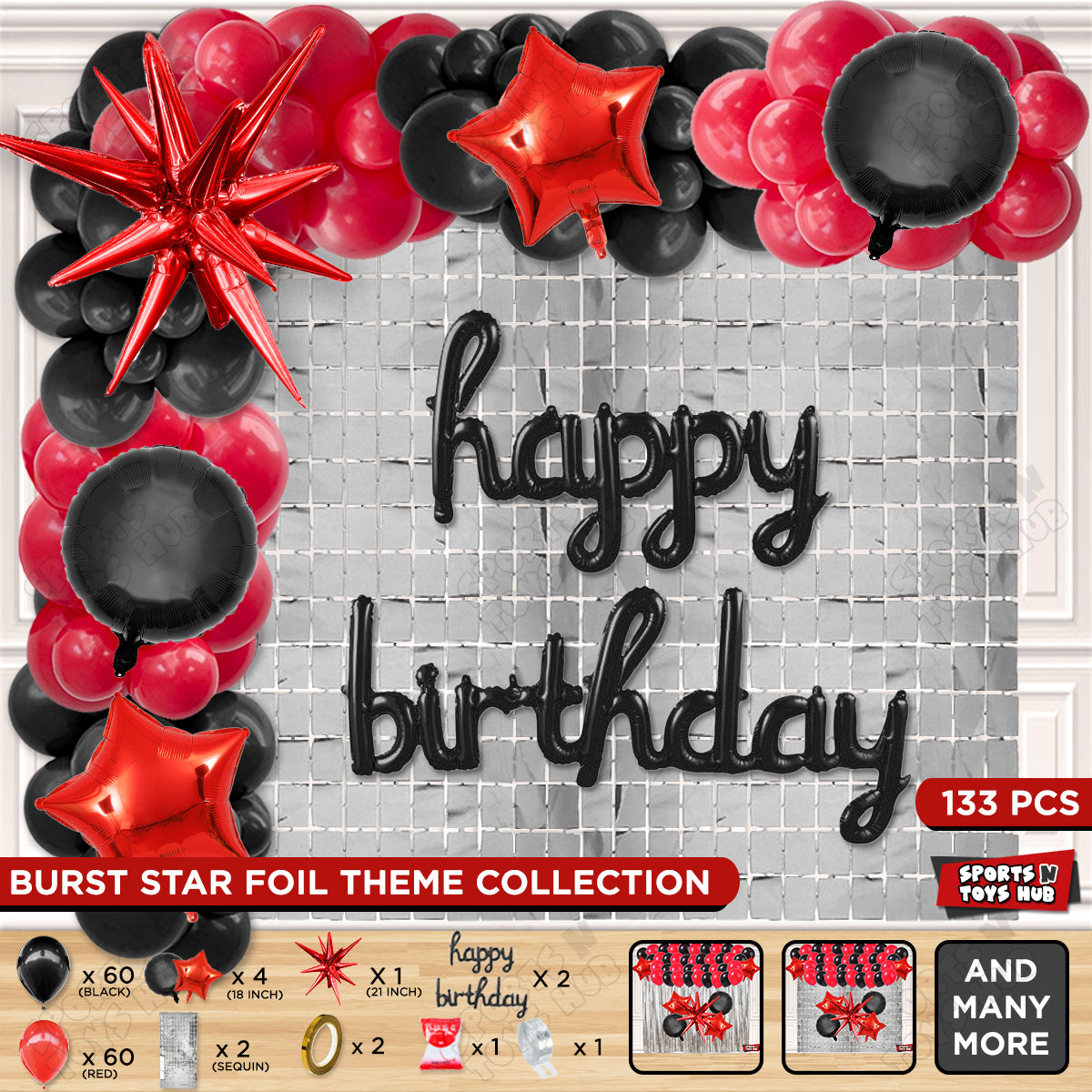 Brust Star Red Color Foil Balloon Set With Happy Birthday Cursive Foil Letter Balloon Arch Theme