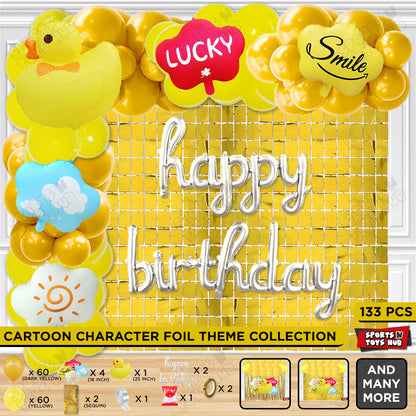 Cartoon Duck Character Theme Foil Balloon Set With Happy Birthday Cursive Foil Letter Arch Theme