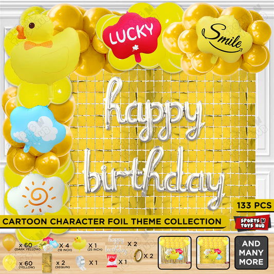 Cartoon Duck Character Theme Foil Balloon Set With Happy Birthday Cursive Foil Letter Arch Theme