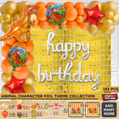 Dino Orange Color Foil Balloon Set With Cursive Foil Letter Balloon Arch Theme