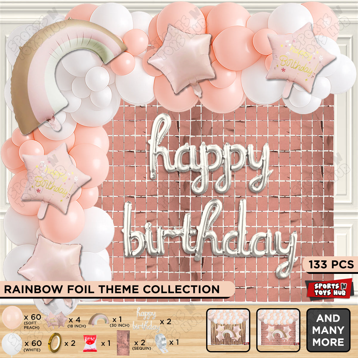 Pastel Pink Matte Color Rainbow Set With Happy Birthday Cursive Foil Letter Balloon Arch Theme