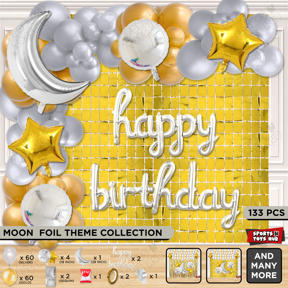 Crescent Moon Silver Color Foil Balloon Set With Happy Birthday Cursive Foil Letter Balloon Arch Theme