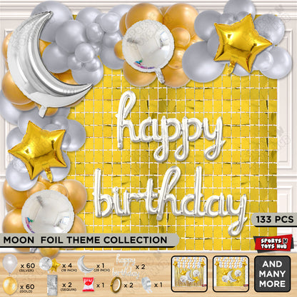 Crescent Moon Silver Color Foil Balloon Set With Happy Birthday Cursive Foil Letter Balloon Arch Theme