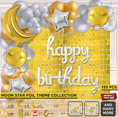 Crescent Moon Gold Color Foil Balloon Set With Happy Birthday Cursive Foil Letter Balloon Arch Theme