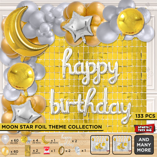 Crescent Moon Gold Color Foil Balloon Set With Happy Birthday Cursive Foil Letter Balloon Arch Theme