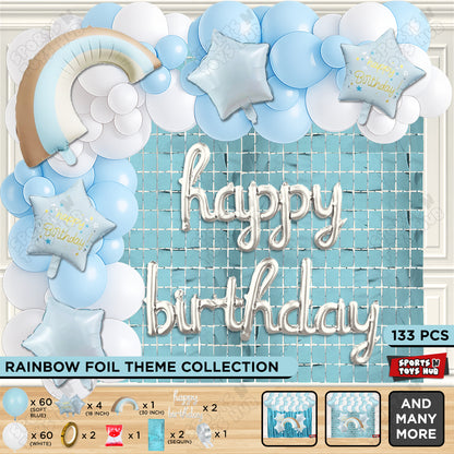 Pastel Blue Matte Color Rainbow Set With Happy Birthday Cursive Foil Letter Balloon Arch Theme
