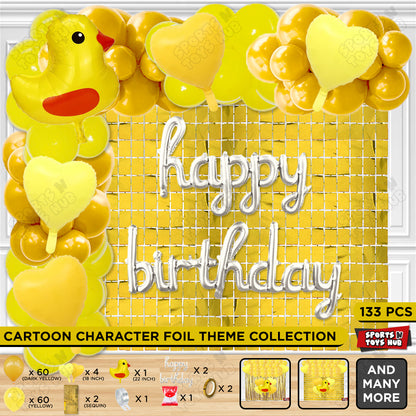 Pastel Color Chick Cartoon Foil Balloon Stand Set with Happy Birthday Cursive Foil Letter Arch Theme