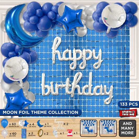 Crescent Moon Sapphire Blue Color Foil Balloon Set With Happy Birthday Cursive Foil Letter Balloon Arch Theme