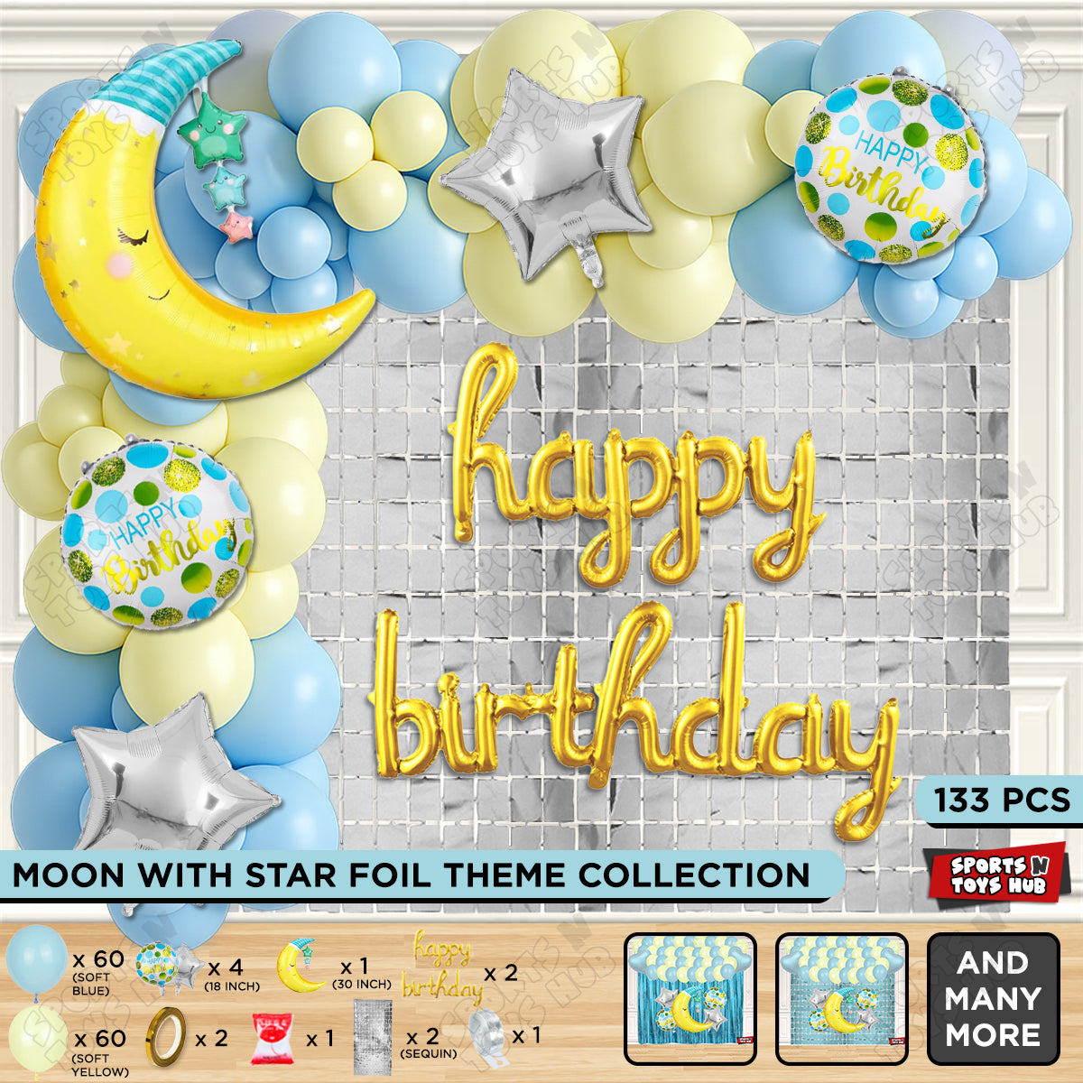 Crescent Moon with Star Foil Balloon Set With Happy Birthday Cursive Foil Letter Balloon Arch Theme