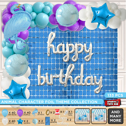 Flamingo Cartoon Character Bird Blue Color Foil Balloon Set With Happy Birthday Cursive Foil Letters Arch Theme
