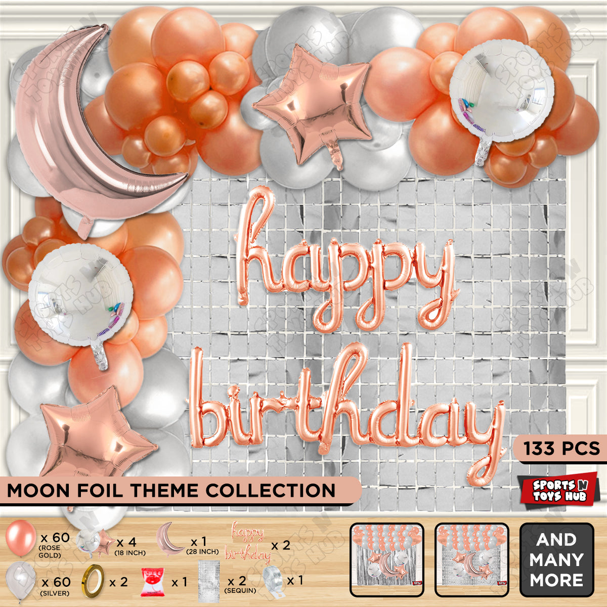 Crescent Moon Rosegold Color Foil Balloon Set With Happy Birthday Cursive Foil Letter Balloon Arch Theme