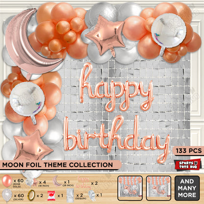 Crescent Moon Rosegold Color Foil Balloon Set With Happy Birthday Cursive Foil Letter Balloon Arch Theme