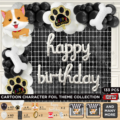 Dog Puppy Cartoon Foil Balloon Set Pack of 5 with Happy Birthday Cursive Foil Letter Arch Theme – Cute Puppy Birthday Party Decorations for Kids & Girls