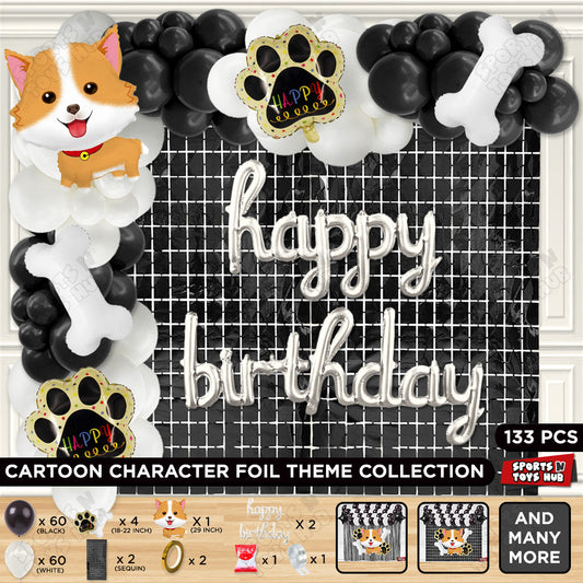 Dog Puppy Cartoon Foil Balloon Set Pack of 5 with Happy Birthday Cursive Foil Letter Arch Theme – Cute Puppy Birthday Party Decorations for Kids & Girls