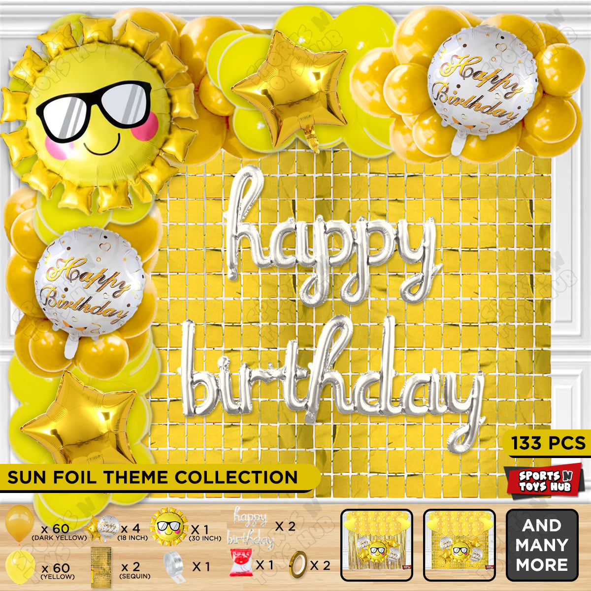 Smart Sun Foil Balloon Set With Happy Birthday Cursive Foil Letter Balloon Arch Theme