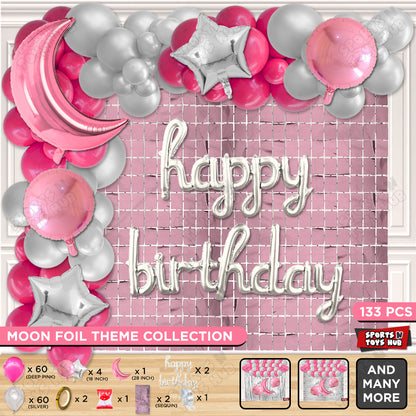 Crescent Moon Pink Color Foil Balloon Set With Happy Birthday Cursive Foil Letter Balloon Arch Theme
