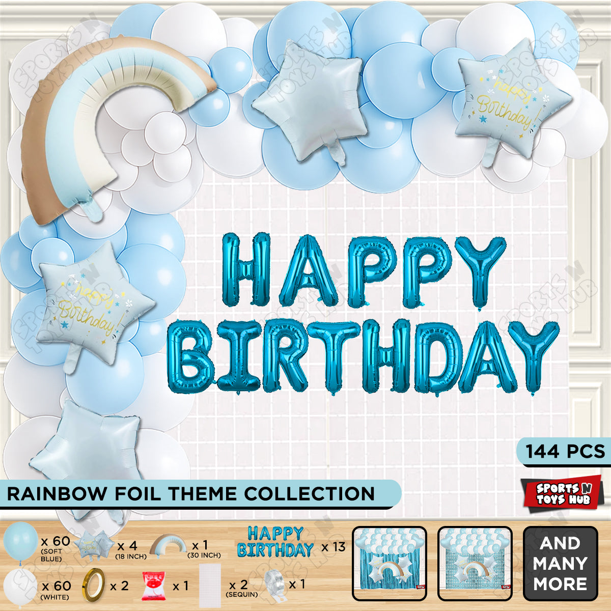 Pastel Blue Matte Color Rainbow Set With Happy Birthday Foil Letter Balloon Arch Theme