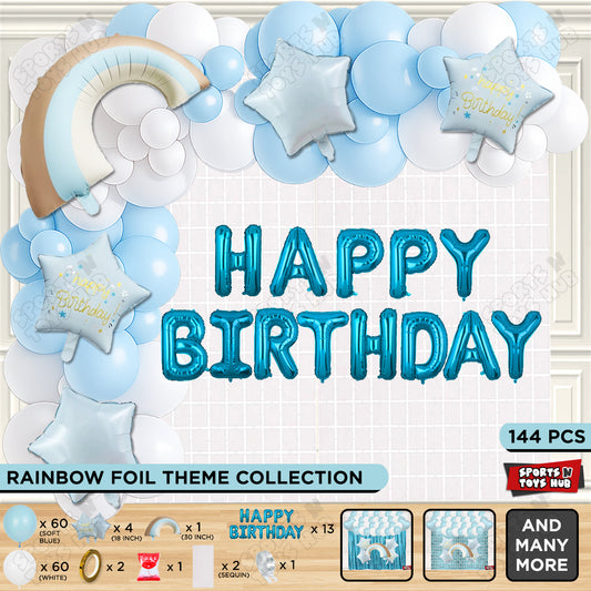 Pastel Blue Matte Color Rainbow Set With Happy Birthday Foil Letter Balloon Arch Theme