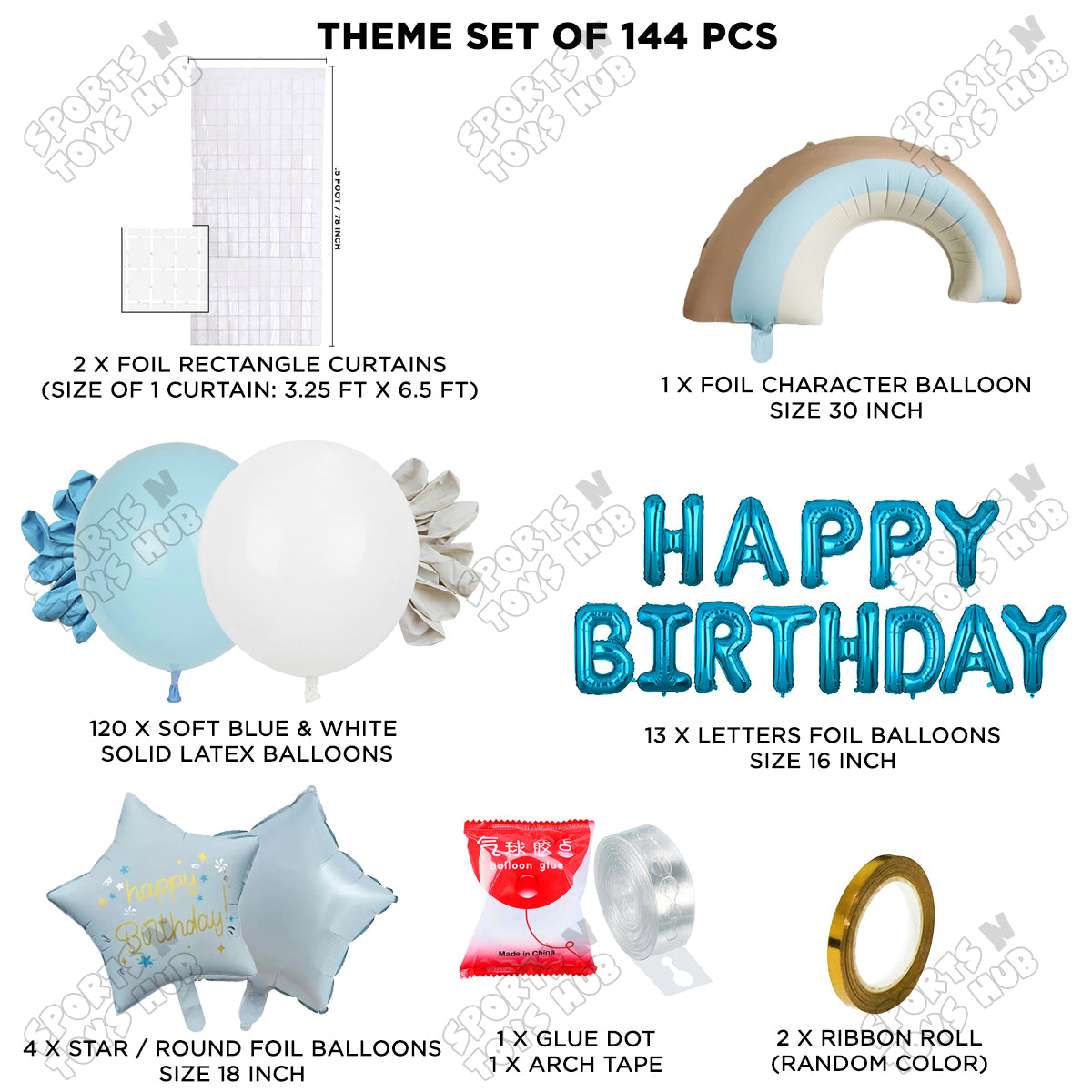 Pastel Blue Matte Color Rainbow Set With Happy Birthday Foil Letter Balloon Arch Theme