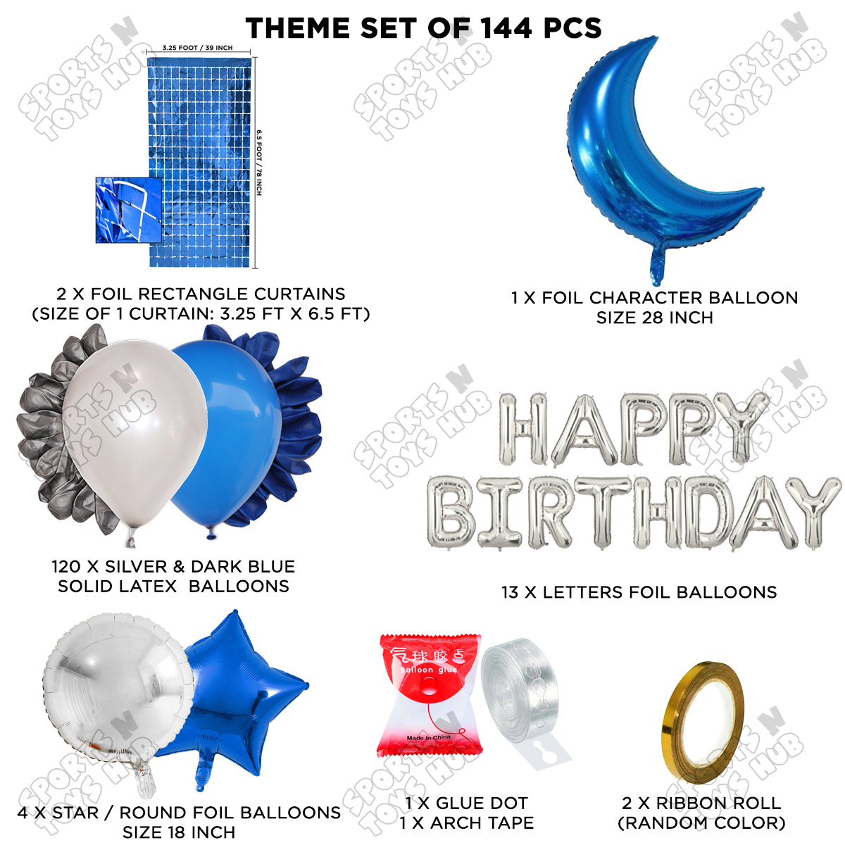 Crescent Moon Sapphire Blue Color Foil Balloon Set With Happy Birthday Foil Letter Balloon Arch Theme