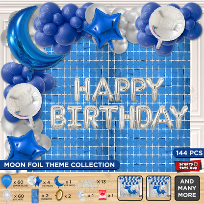 Crescent Moon Sapphire Blue Color Foil Balloon Set With Happy Birthday Foil Letter Balloon Arch Theme