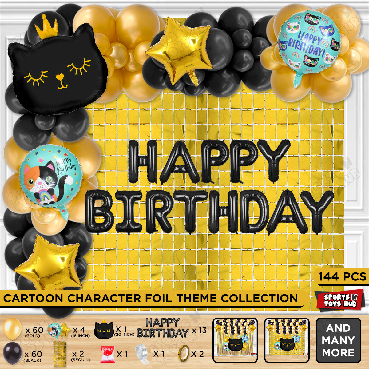 Cartoon Crown Black Kitten Cat Foil Balloon Set With Happy Birthday Foil Letter Arch Theme