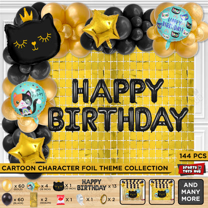 Cartoon Crown Black Kitten Cat Foil Balloon Set With Happy Birthday Foil Letter Arch Theme